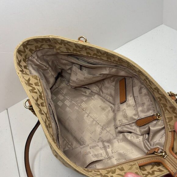 Michael Kors EW Gold Signature Canvas Leather Chain Shoulder Bag Purse Designer - Picture 10 of 12